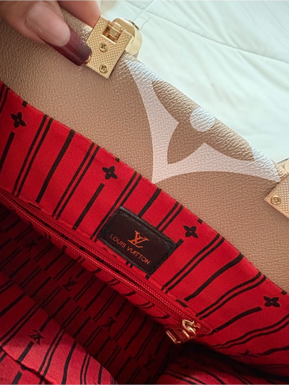 Louis Vuitton Beige Monogram Canvas Tote with Orange Logo Strap - Picture 5 of 6